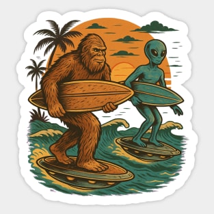 Bigfoot and Alien Surfing UFO Sticker